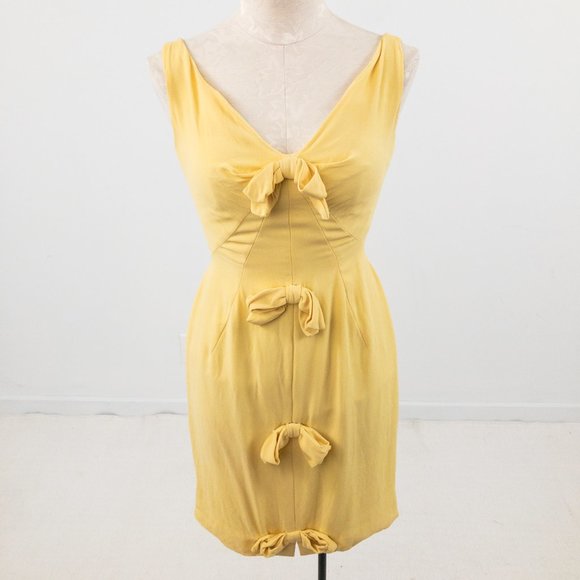 Vintage 60s V Neck Bow Front Mini Dress Yellow - Picture 9 of 9